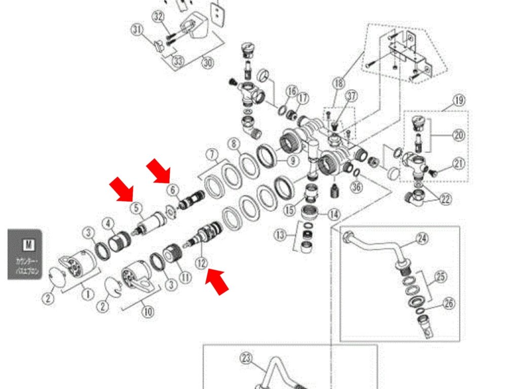 ヤマハ水栓の部品展開図。赤矢印で今回交換する部品が示されている。